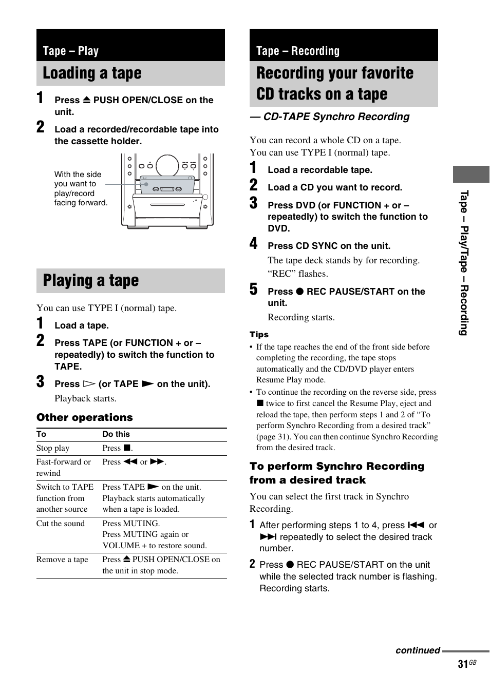 Tape - play, Loading a tape, Playing a tape | Tape - recording, Recording your favorite cd tracks on a tape, Cd-tape synchro recording, Tape – play, Loading a tape playing a tape, Tape – recording, Recording your favorite cd tracks on a | Sony CMT-SX2D User Manual | Page 31 / 60