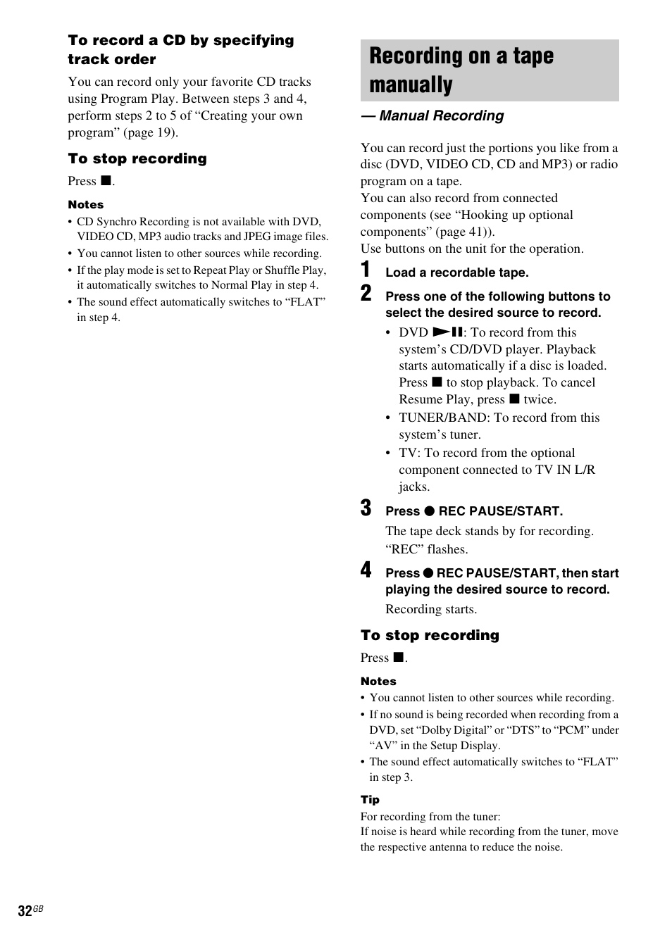 Recording on a tape manually, Manual recording | Sony CMT-SX2D User Manual | Page 32 / 60