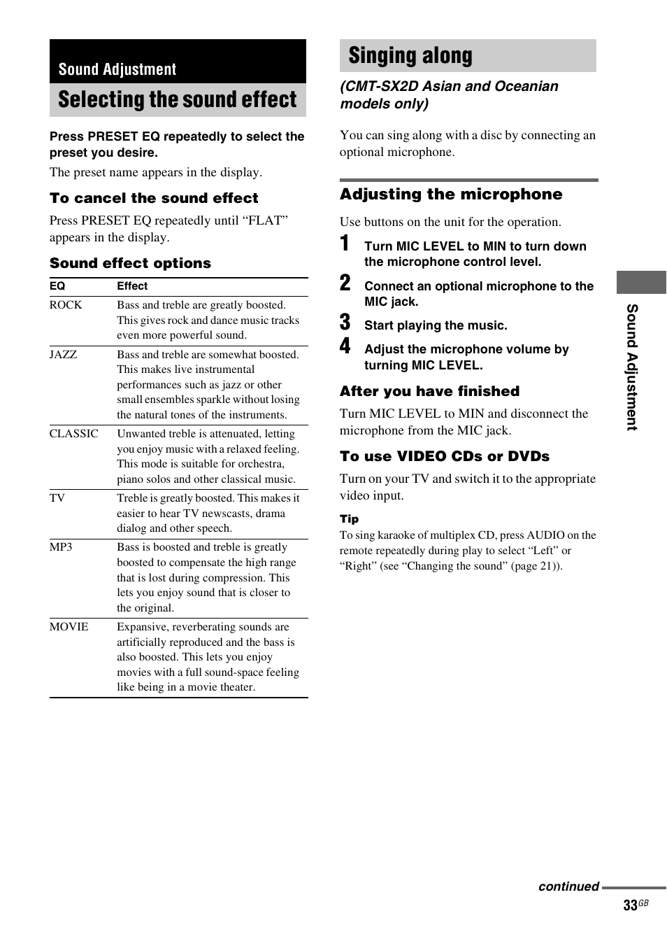 Sound adjustment, Selecting the sound effect, Singing along | Cmt-sx2d asian and oceanian models only), Selecting the sound effect singing along | Sony CMT-SX2D User Manual | Page 33 / 60