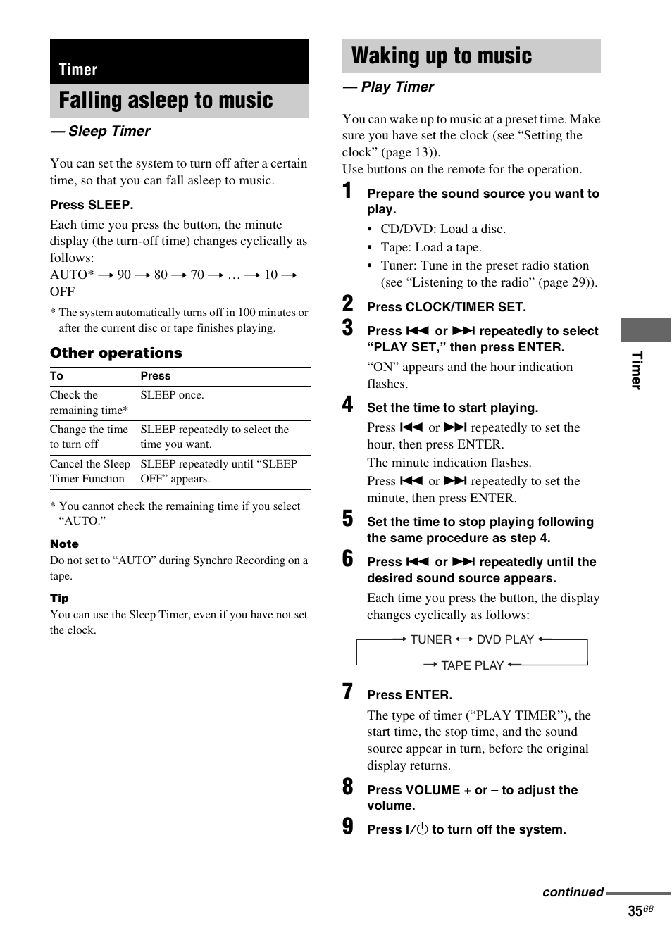 Timer, Falling asleep to music, Sleep timer | Waking up to music, Play timer | Sony CMT-SX2D User Manual | Page 35 / 60