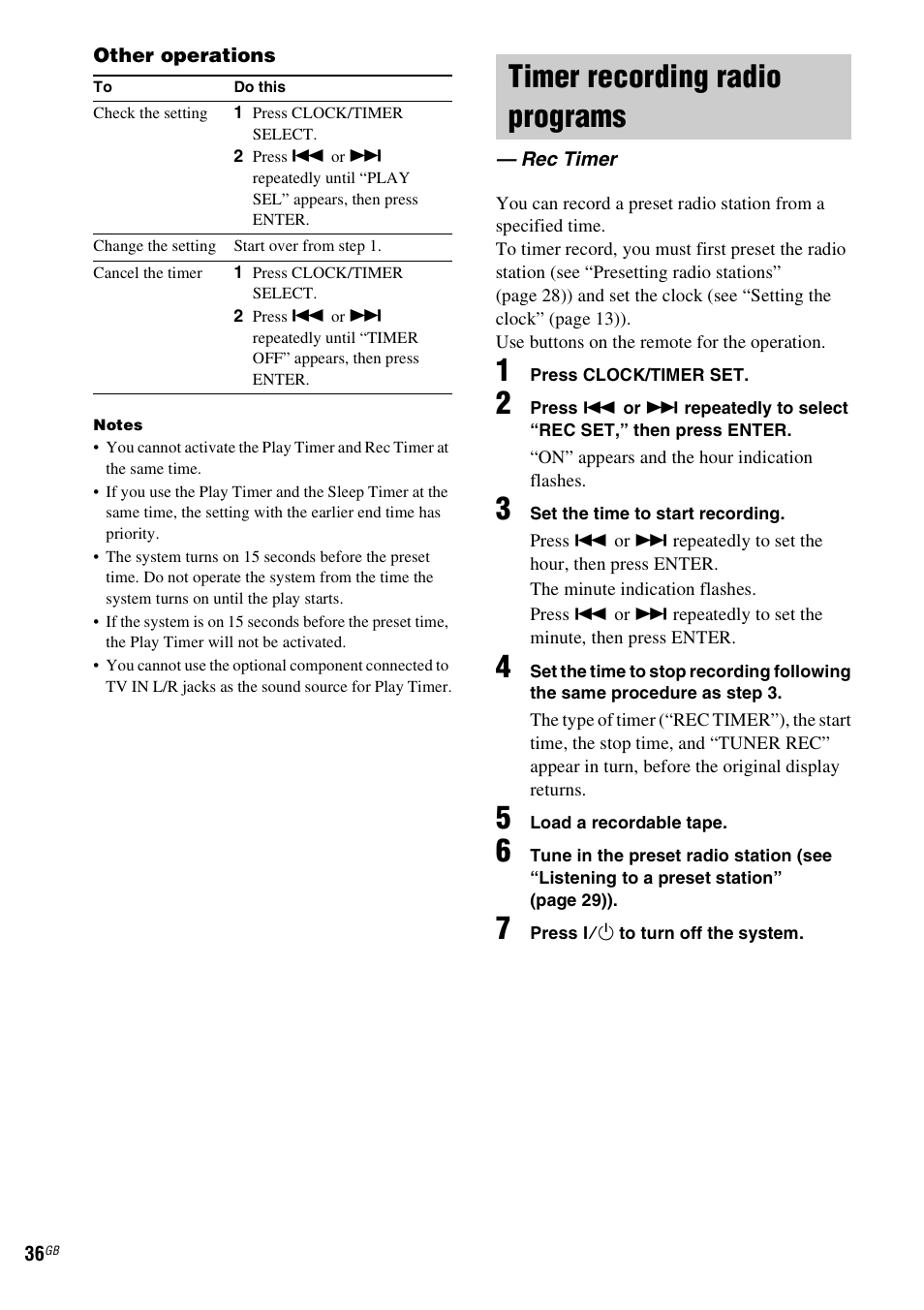 Timer recording radio programs, Rec timer | Sony CMT-SX2D User Manual | Page 36 / 60