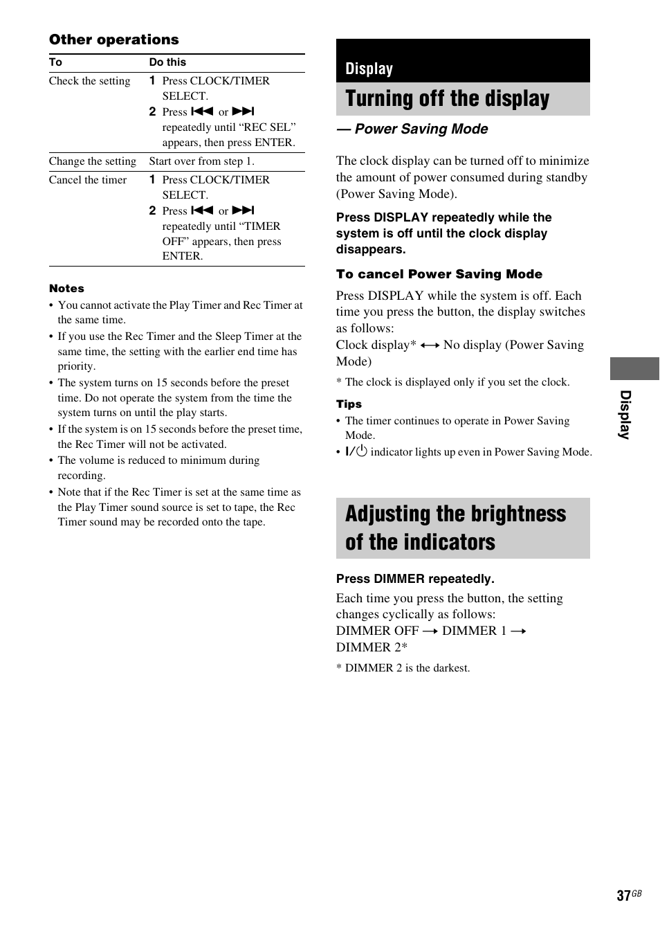 Display, Turning off the display, Power saving mode | Adjusting the brightness of the indicators, Adjusting the brightness of the, Indicators | Sony CMT-SX2D User Manual | Page 37 / 60