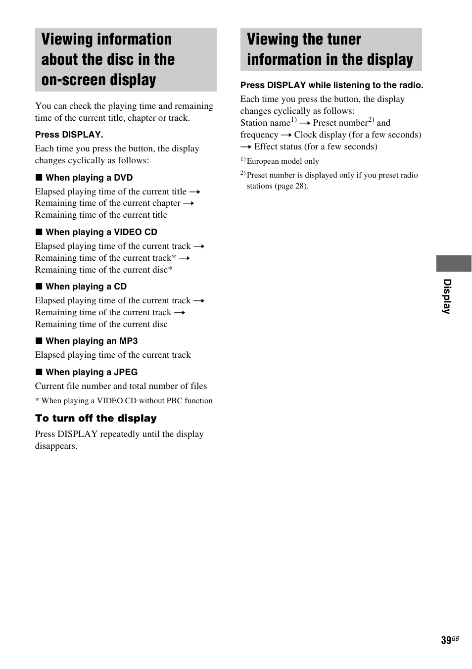 Viewing the tuner information in the display, Viewing information about the disc in the, On-screen display | Viewing the tuner information in the, Display | Sony CMT-SX2D User Manual | Page 39 / 60