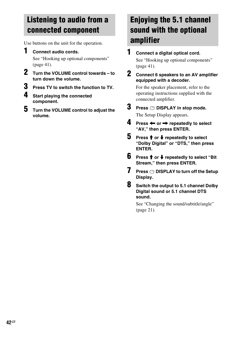 Listening to audio from a connected component, Listening to audio from a connected, Component | Enjoying the 5.1 channel sound with the, Optional amplifier | Sony CMT-SX2D User Manual | Page 42 / 60