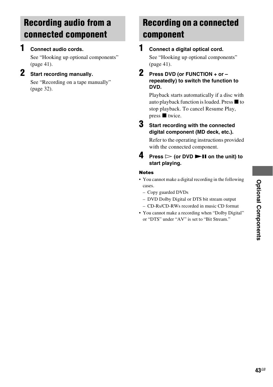 Recording audio from a connected component, Recording on a connected component, Recording audio from a connected | Component, Recording on a connected | Sony CMT-SX2D User Manual | Page 43 / 60