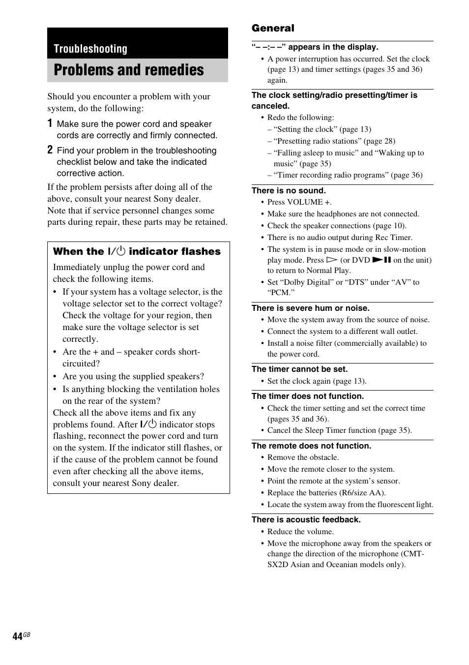 Troubleshooting, Problems and remedies | Sony CMT-SX2D User Manual | Page 44 / 60
