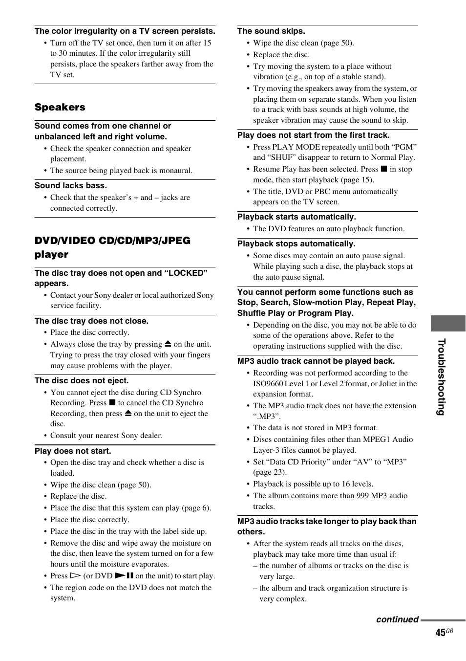 Troub lesh ootin g 45, Speakers, Dvd/video cd/cd/mp3/jpeg player | Sony CMT-SX2D User Manual | Page 45 / 60