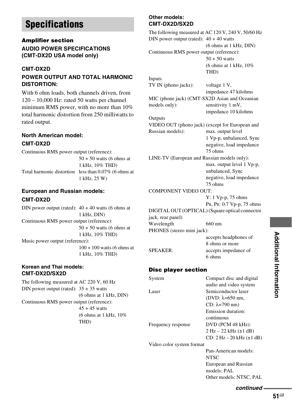 Specifications | Sony CMT-SX2D User Manual | Page 51 / 60