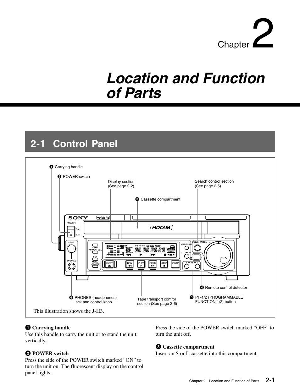 Chapter 2 location and function of parts, 1 control panel, 1 control panel -1 | Location and function of parts, Chapter | Sony HDCAM J-H1 User Manual | Page 12 / 53