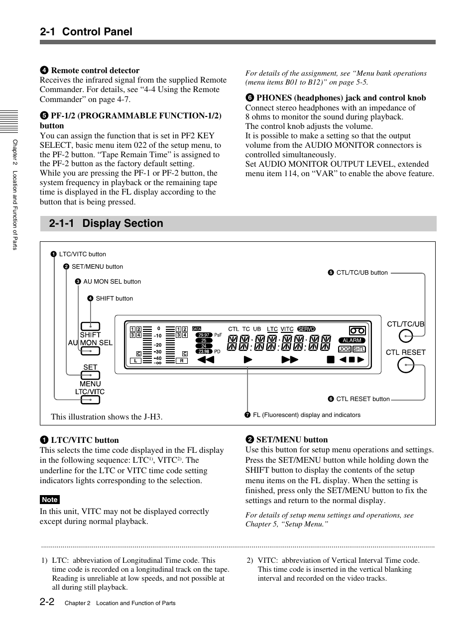 1-1 display section, 1-1 display section -2, 1 control panel | Sony HDCAM J-H1 User Manual | Page 13 / 53