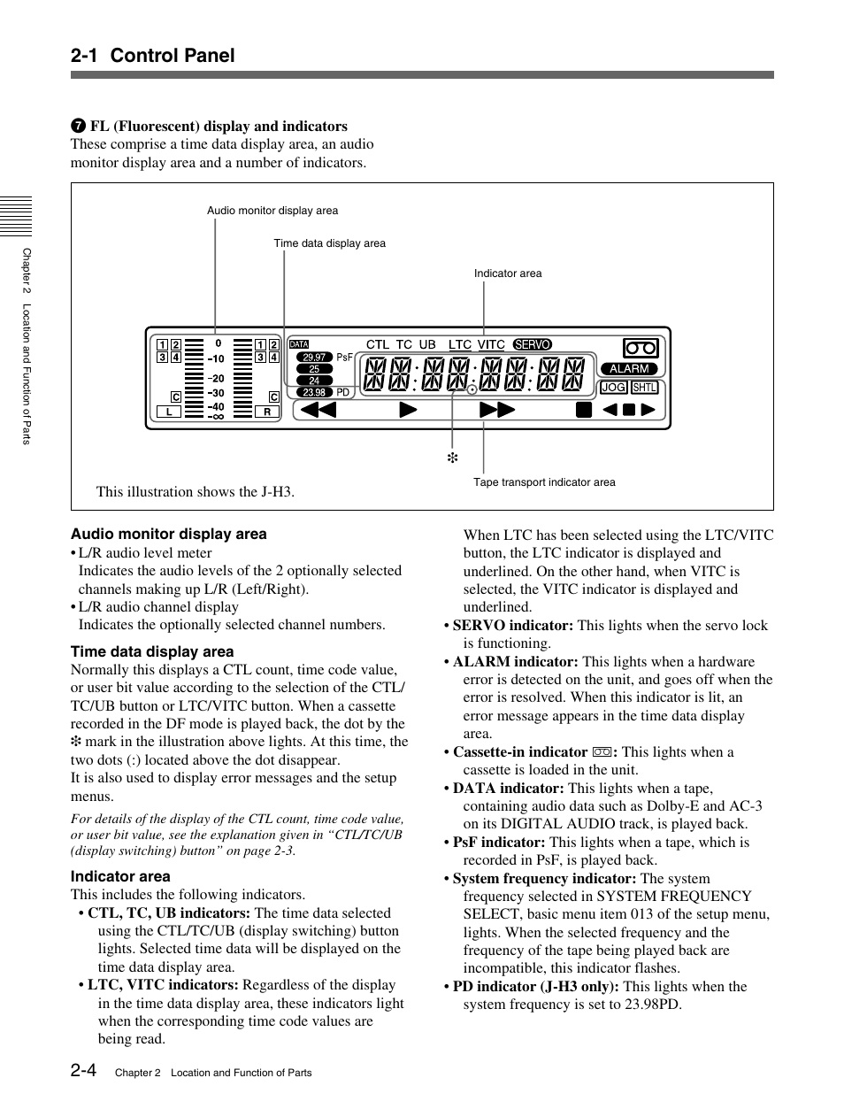 1 control panel | Sony HDCAM J-H1 User Manual | Page 15 / 53