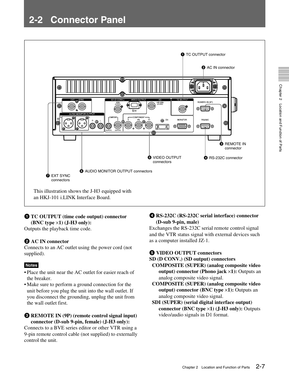 2 connector panel, 2 connector panel -7 | Sony HDCAM J-H1 User Manual | Page 18 / 53