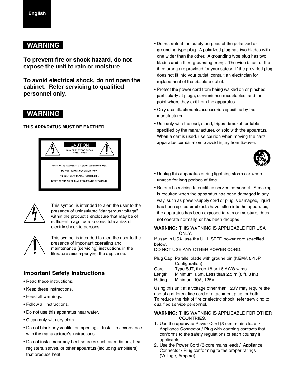 Warning, Important safety instructions | Sony HDCAM J-H1 User Manual | Page 2 / 53