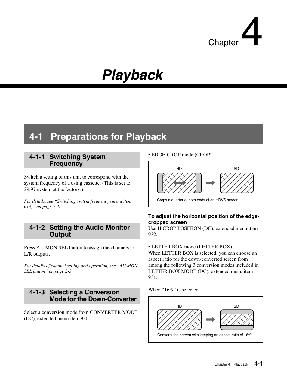 Chapter 4 playback, 1 preparations for playback, 1-1 switching system frequency | 1-2 setting the audio monitor output, 1 preparations for playback -1, For the down-converter -1, Playback, Chapter | Sony HDCAM J-H1 User Manual | Page 22 / 53