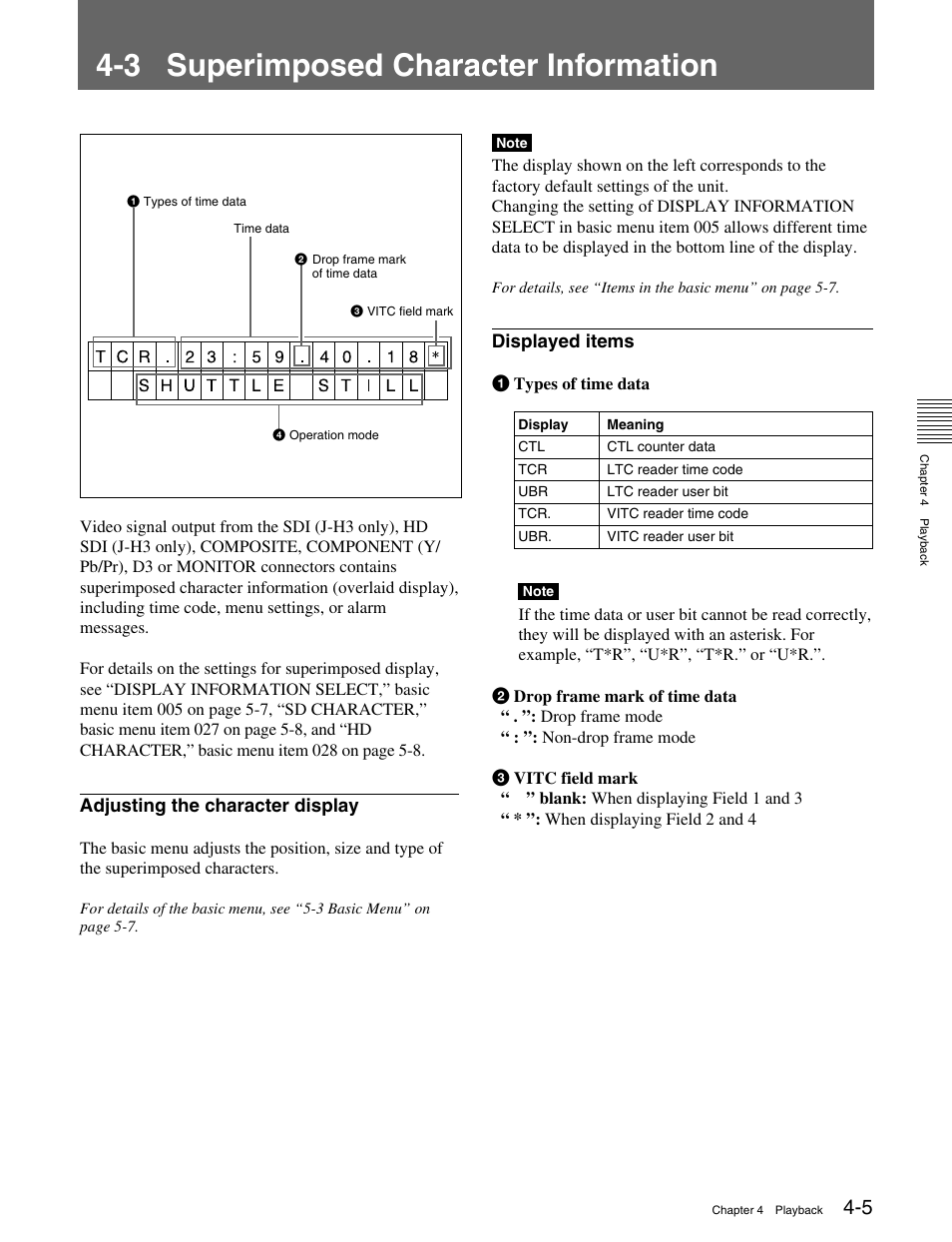 3 superimposed character information, 3 superimposed character information -5 | Sony HDCAM J-H1 User Manual | Page 26 / 53
