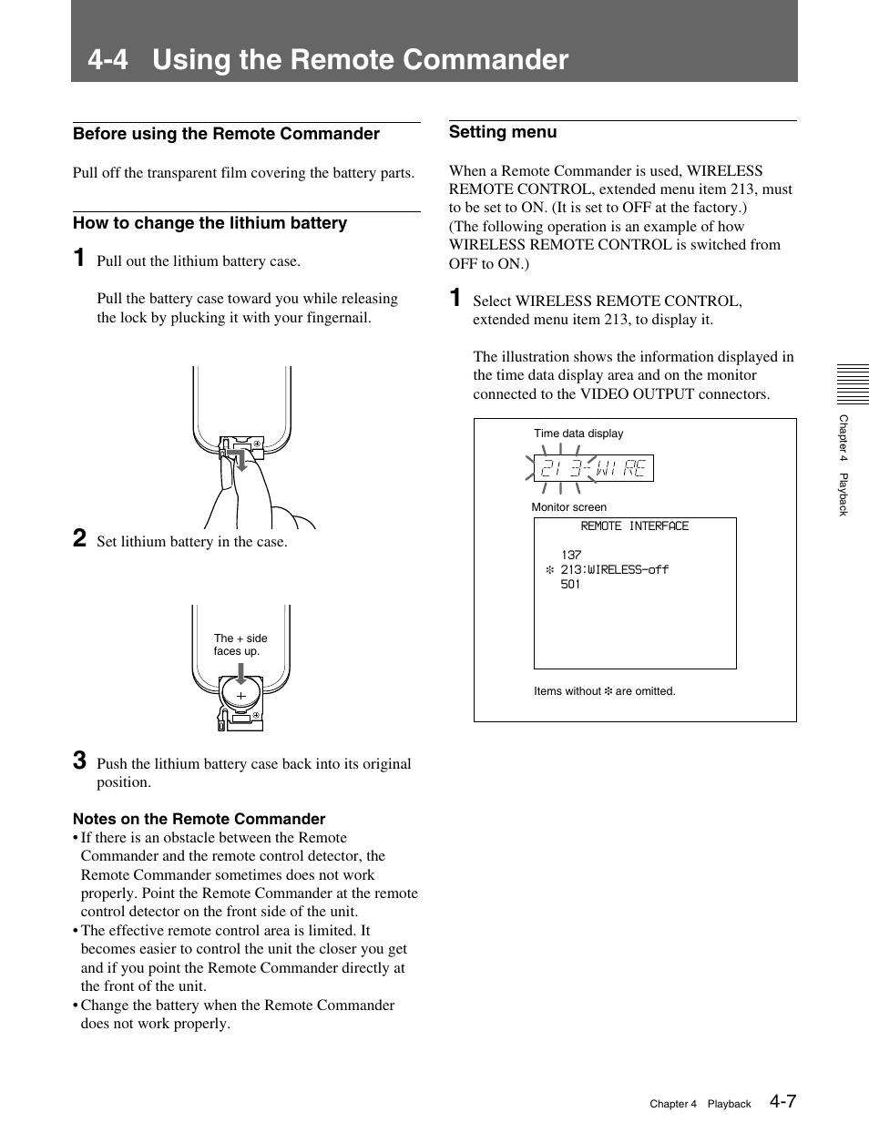 4 using the remote commander, Before using the remote commander, How to change the lithium battery | Setting menu, 4 using the remote commander -7 | Sony HDCAM J-H1 User Manual | Page 28 / 53