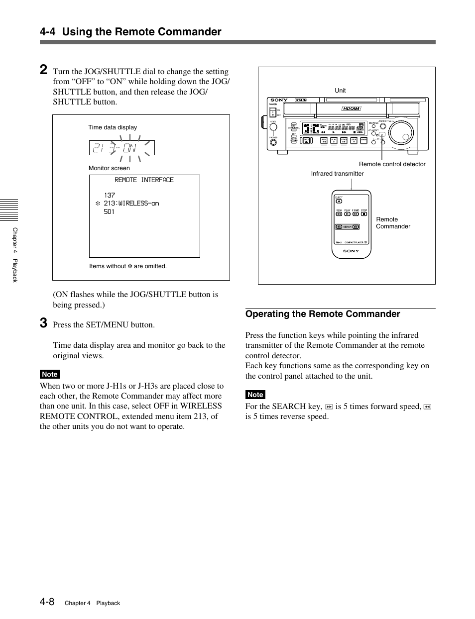 Operating the remote commander, Operating the remote commander -8, 4 using the remote commander | Sony HDCAM J-H1 User Manual | Page 29 / 53