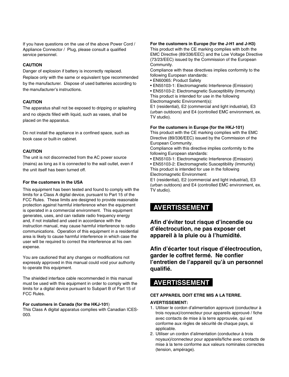Avertissement | Sony HDCAM J-H1 User Manual | Page 3 / 53