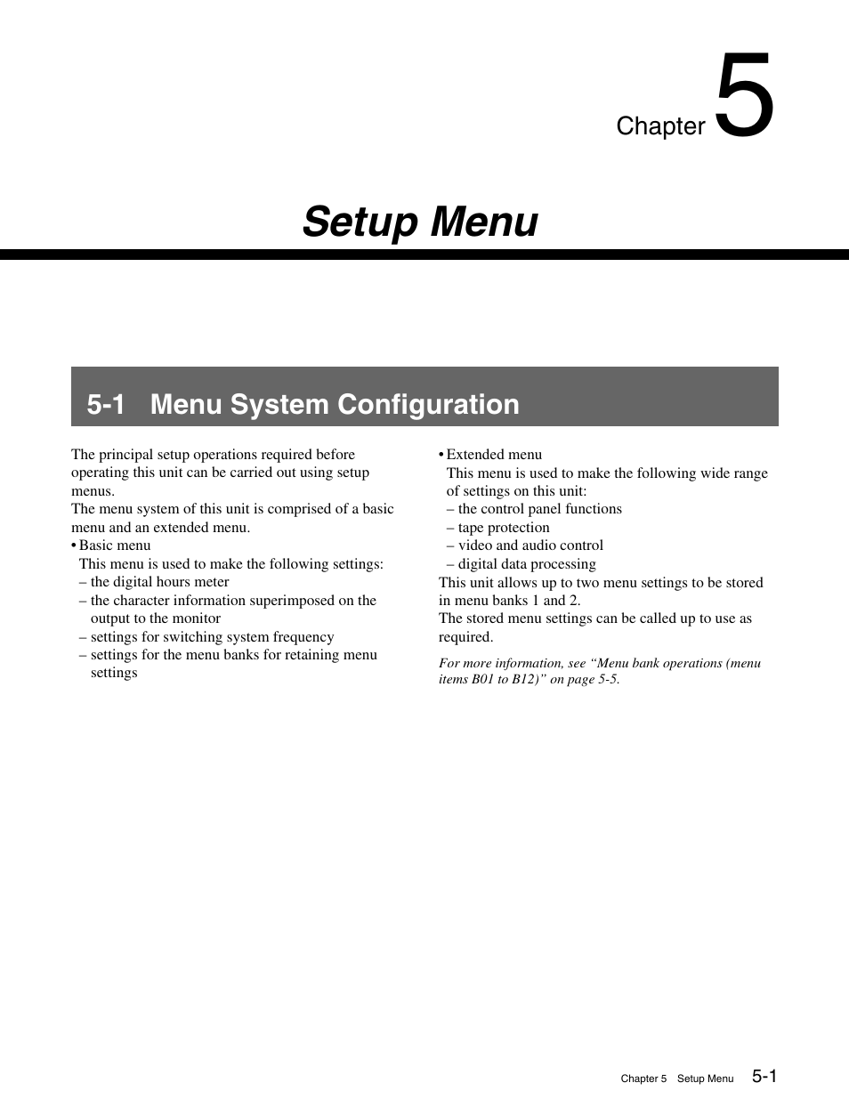 Chapter 5 setup menu, 1 menu system configuration, 1 menu system configuration -1 | Setup menu | Sony HDCAM J-H1 User Manual | Page 31 / 53
