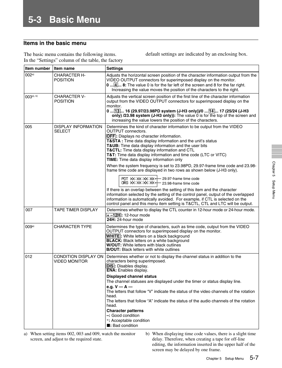 3 basic menu, 3 basic menu -7, Items in the basic menu | Sony HDCAM J-H1 User Manual | Page 37 / 53