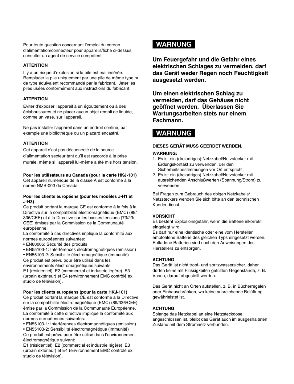 Warnung | Sony HDCAM J-H1 User Manual | Page 4 / 53