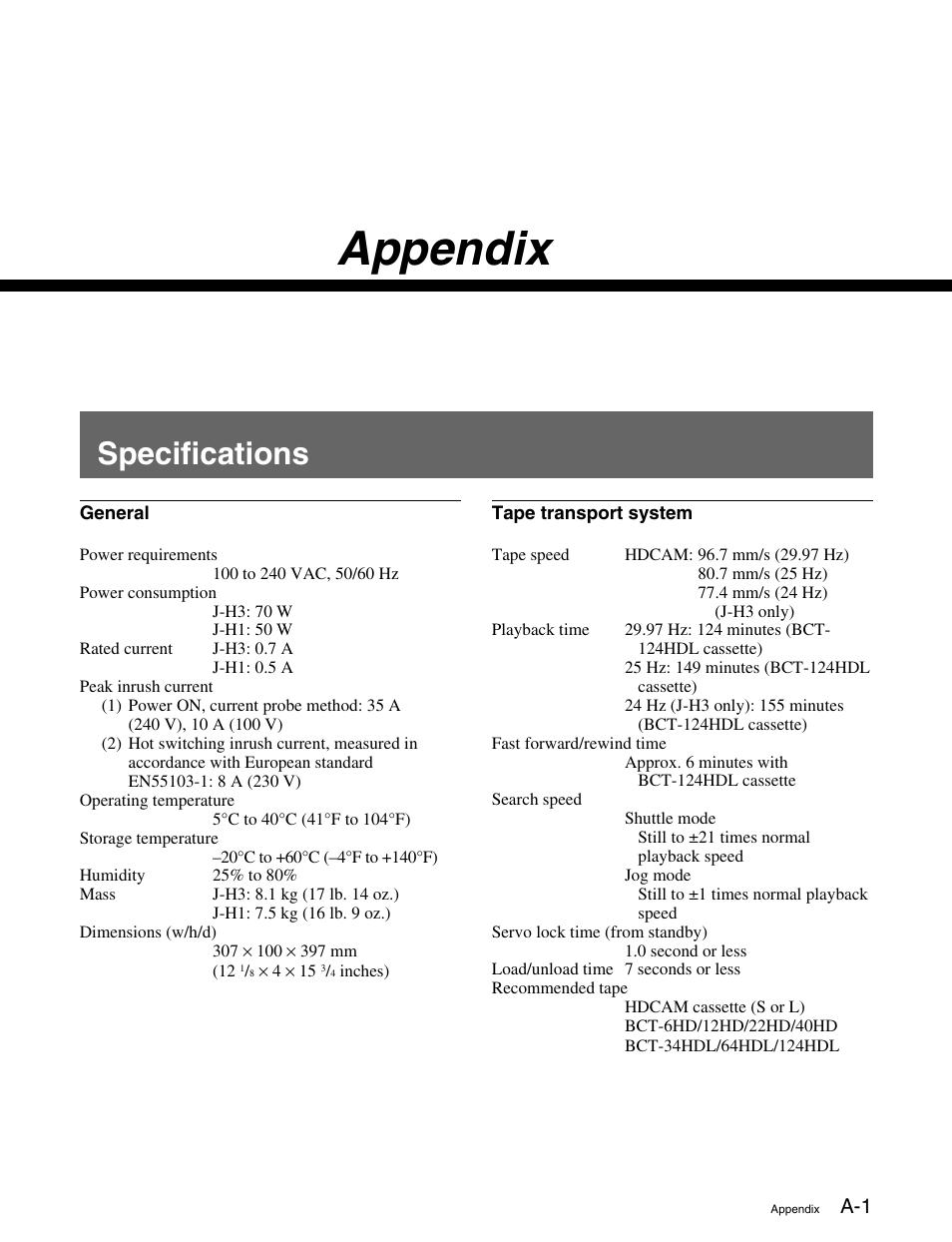 Appendix, Specifications | Sony HDCAM J-H1 User Manual | Page 49 / 53