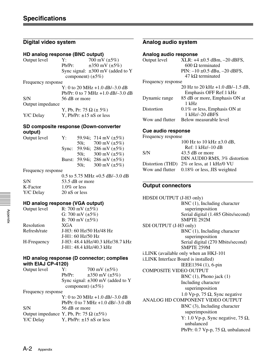 Specifications | Sony HDCAM J-H1 User Manual | Page 50 / 53