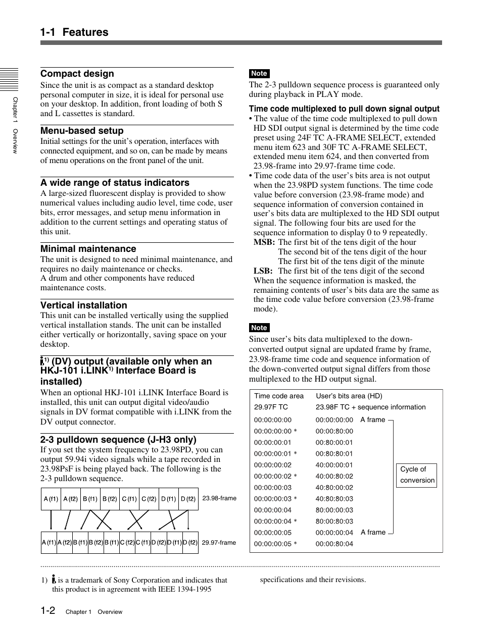 1 features | Sony HDCAM J-H1 User Manual | Page 8 / 53