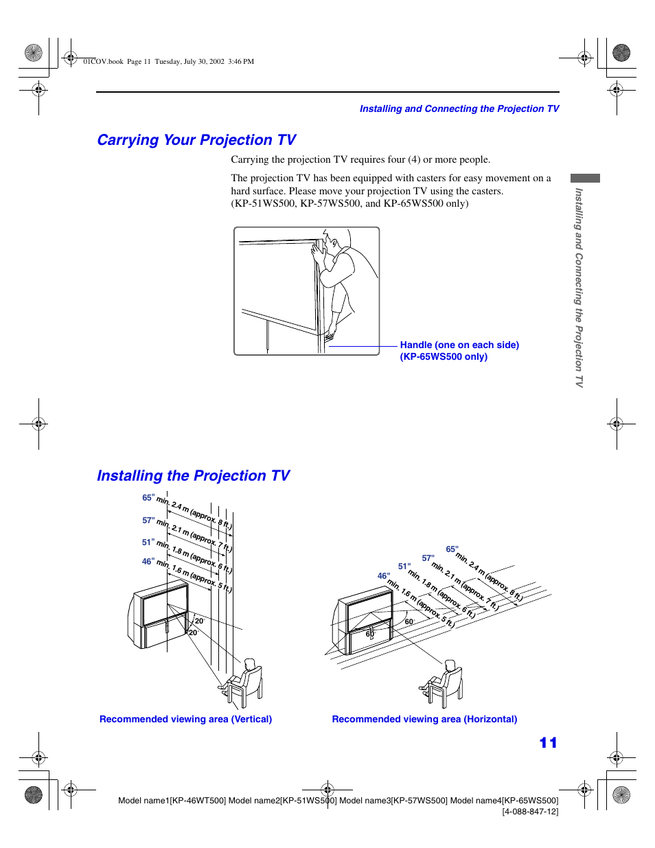 Carrying your projection tv, Installing the projection tv | Sony KP 46WT500 User Manual | Page 11 / 82