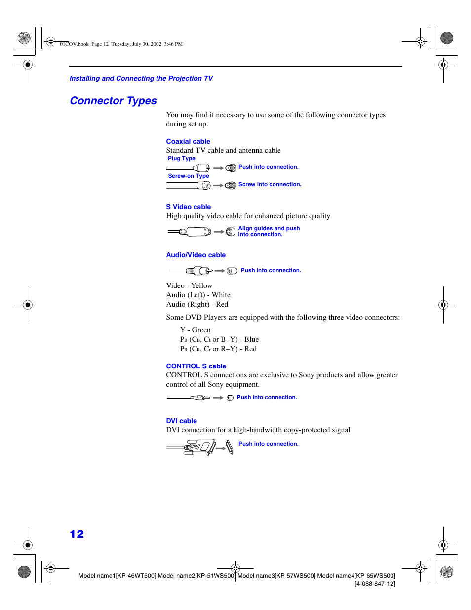 Connector types | Sony KP 46WT500 User Manual | Page 12 / 82