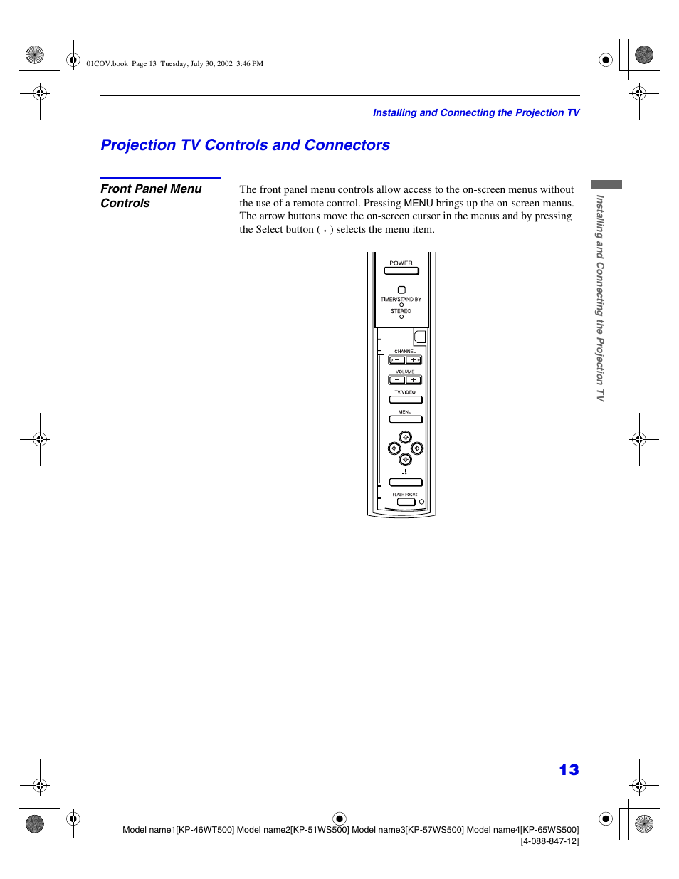 Projection tv controls and connectors | Sony KP 46WT500 User Manual | Page 13 / 82