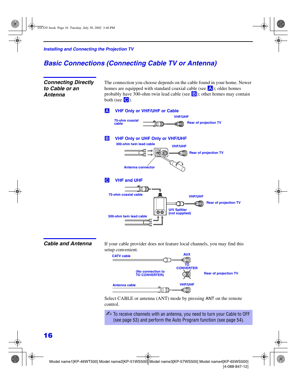 Basic connections (connecting cable tv or antenna), Connecting directly to cable or an antenna, Cable and antenna | Sony KP 46WT500 User Manual | Page 16 / 82