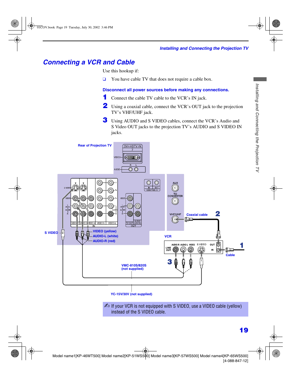 Connecting a vcr and cable | Sony KP 46WT500 User Manual | Page 19 / 82