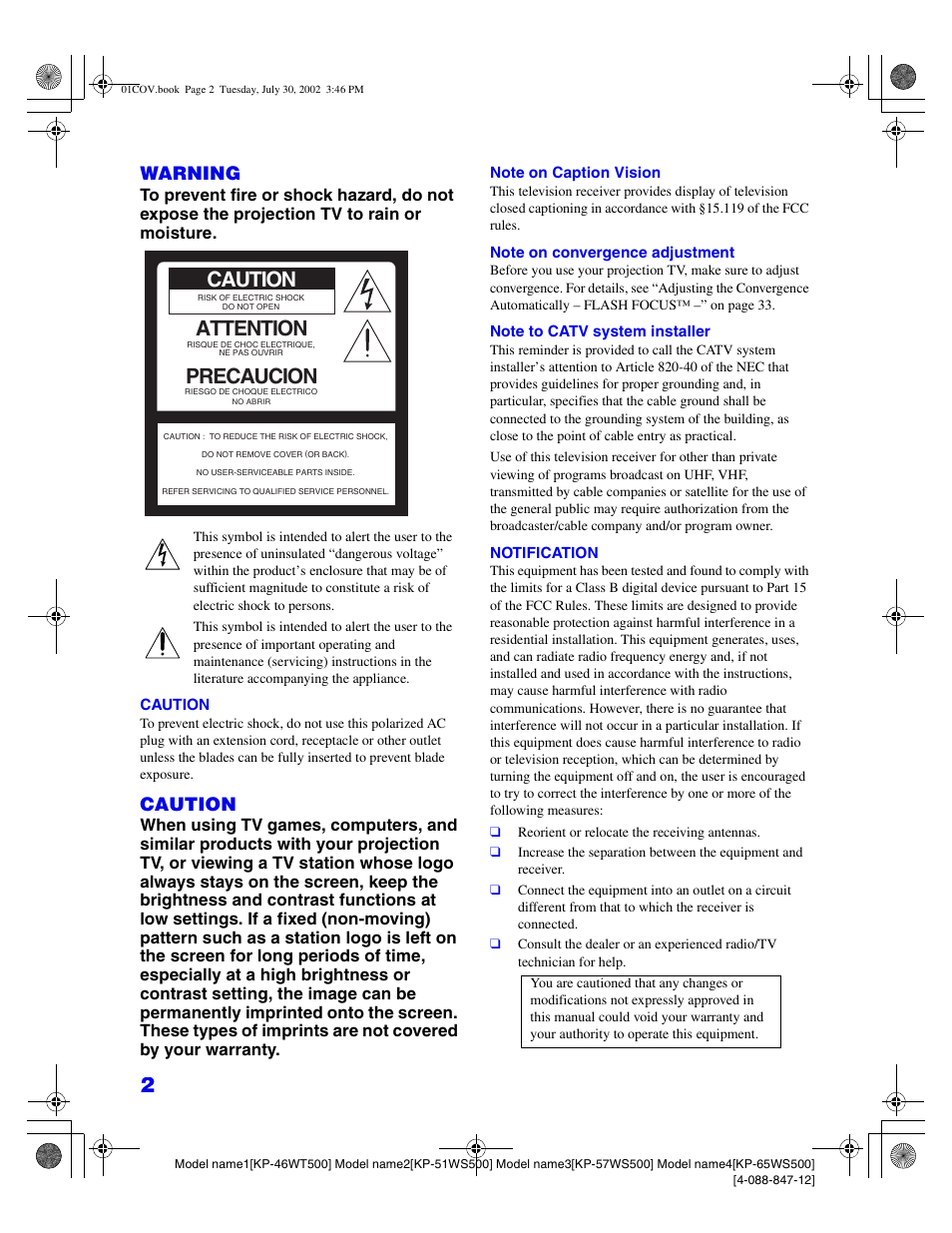 Attention, Precaucion, Warning | Caution | Sony KP 46WT500 User Manual | Page 2 / 82