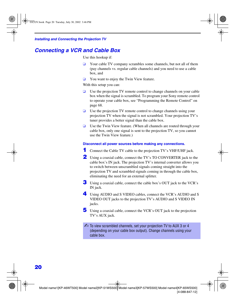 Connecting a vcr and cable box | Sony KP 46WT500 User Manual | Page 20 / 82