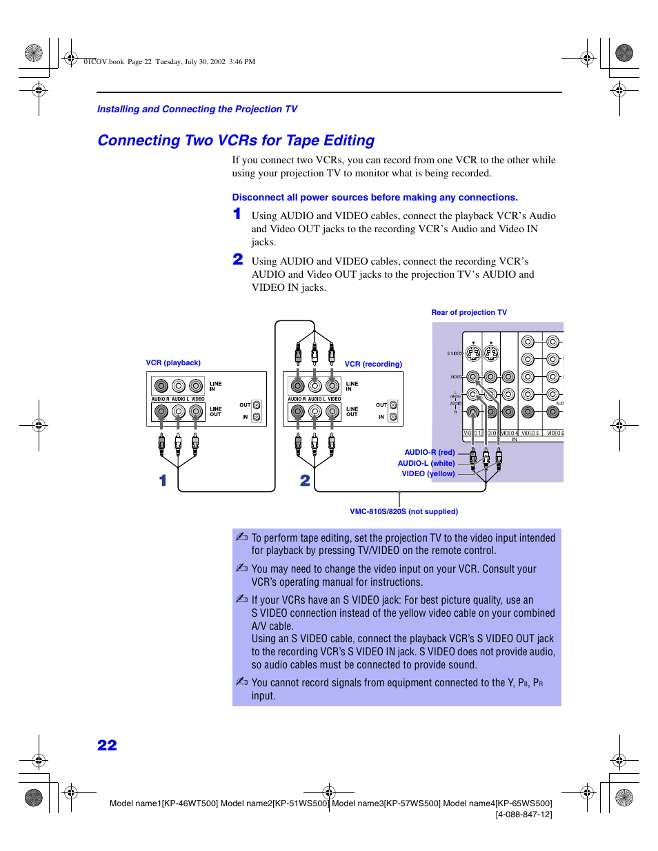 Connecting two vcrs for tape editing | Sony KP 46WT500 User Manual | Page 22 / 82