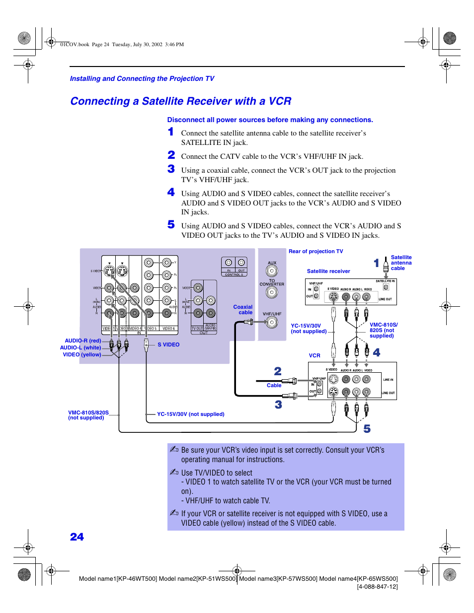 Connecting a satellite receiver with a vcr | Sony KP 46WT500 User Manual | Page 24 / 82