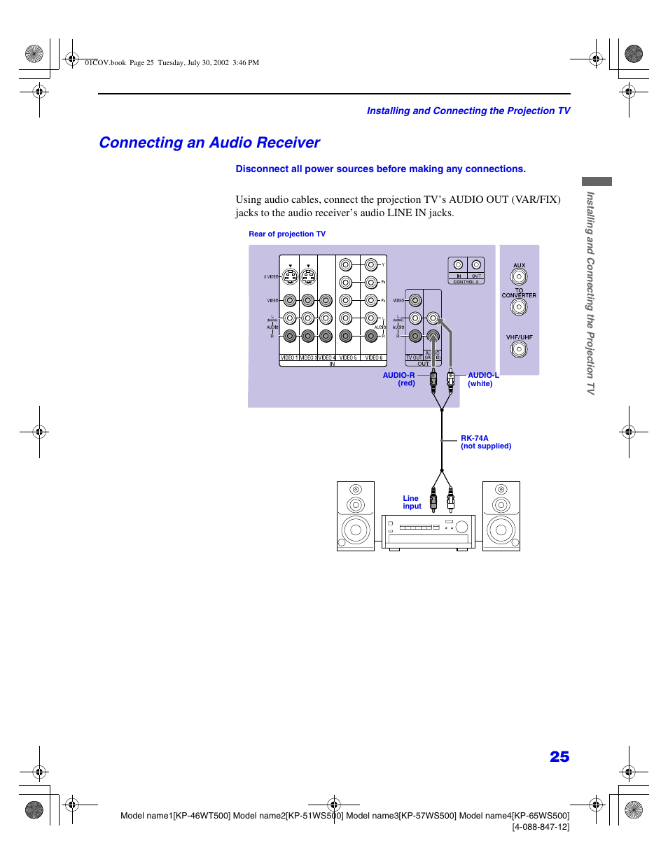 Connecting an audio receiver | Sony KP 46WT500 User Manual | Page 25 / 82