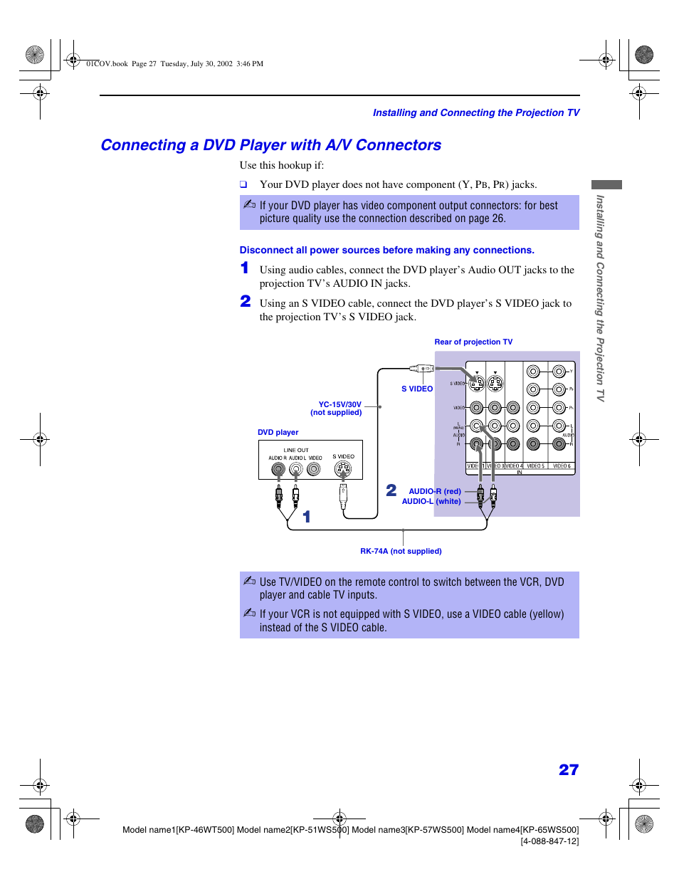 Connecting a dvd player with a/v connectors | Sony KP 46WT500 User Manual | Page 27 / 82