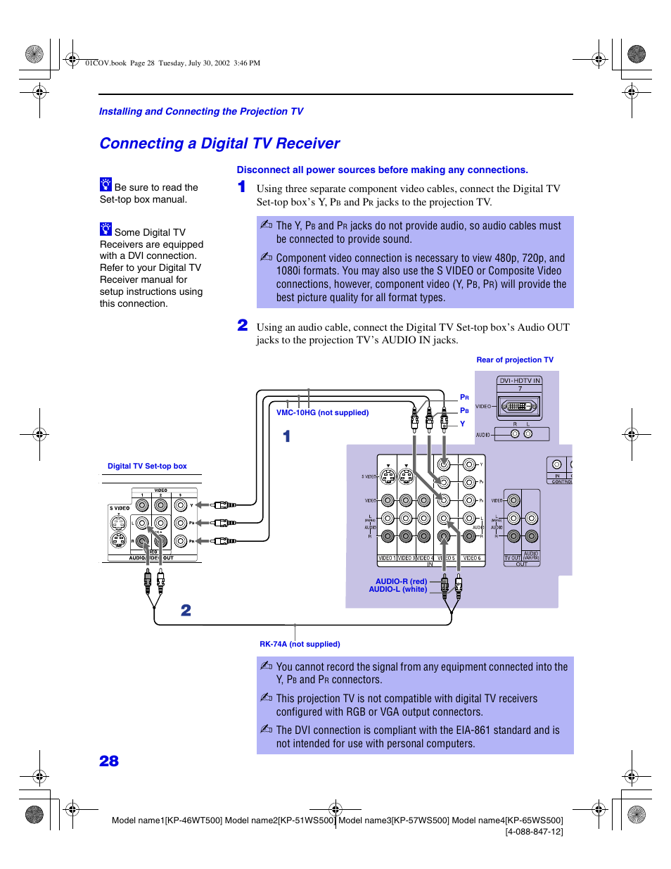 Connecting a digital tv receiver | Sony KP 46WT500 User Manual | Page 28 / 82