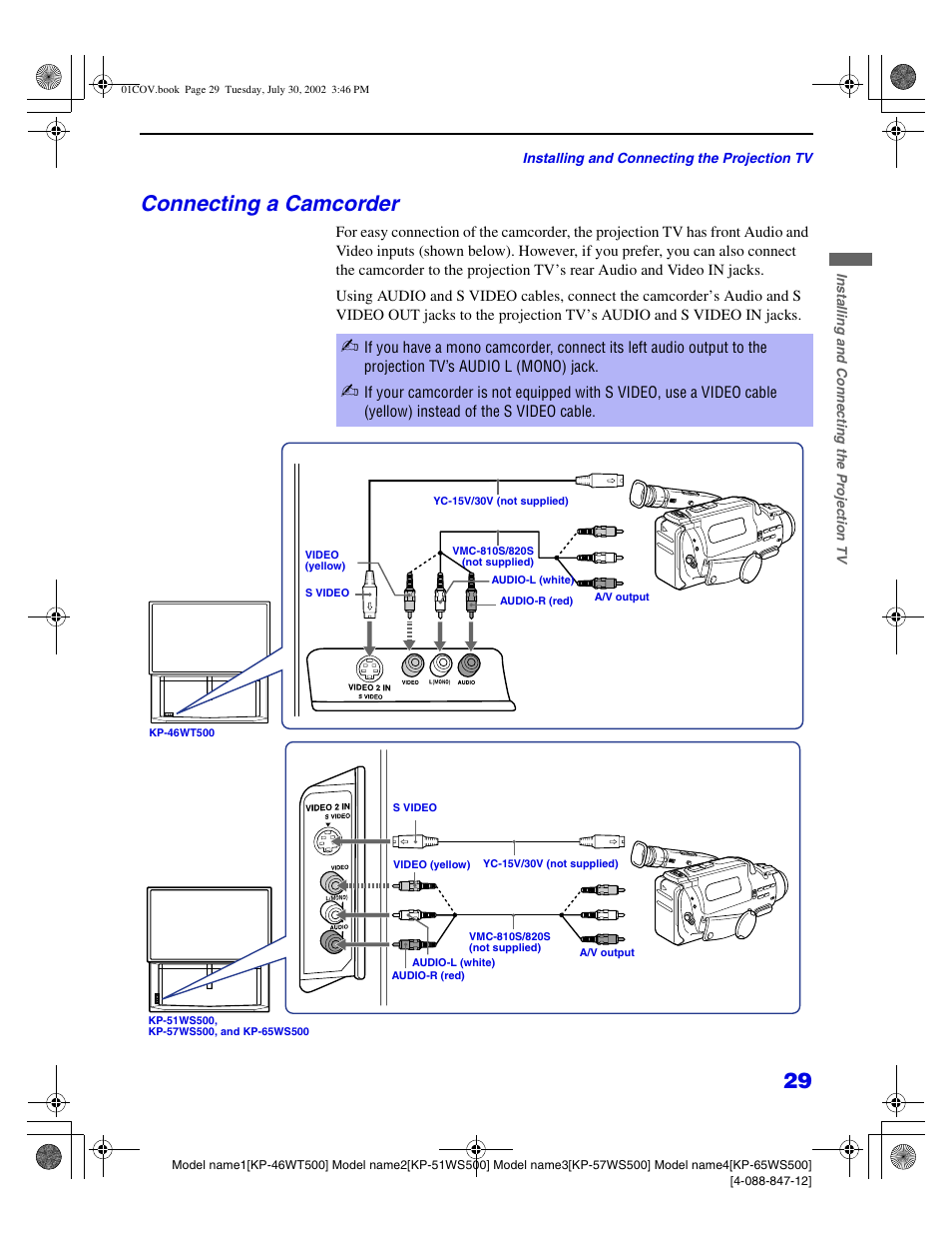 Connecting a camcorder | Sony KP 46WT500 User Manual | Page 29 / 82