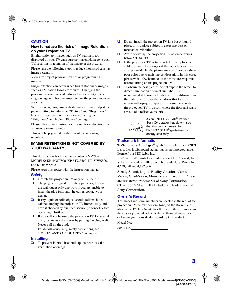 Sony KP 46WT500 User Manual | Page 3 / 82