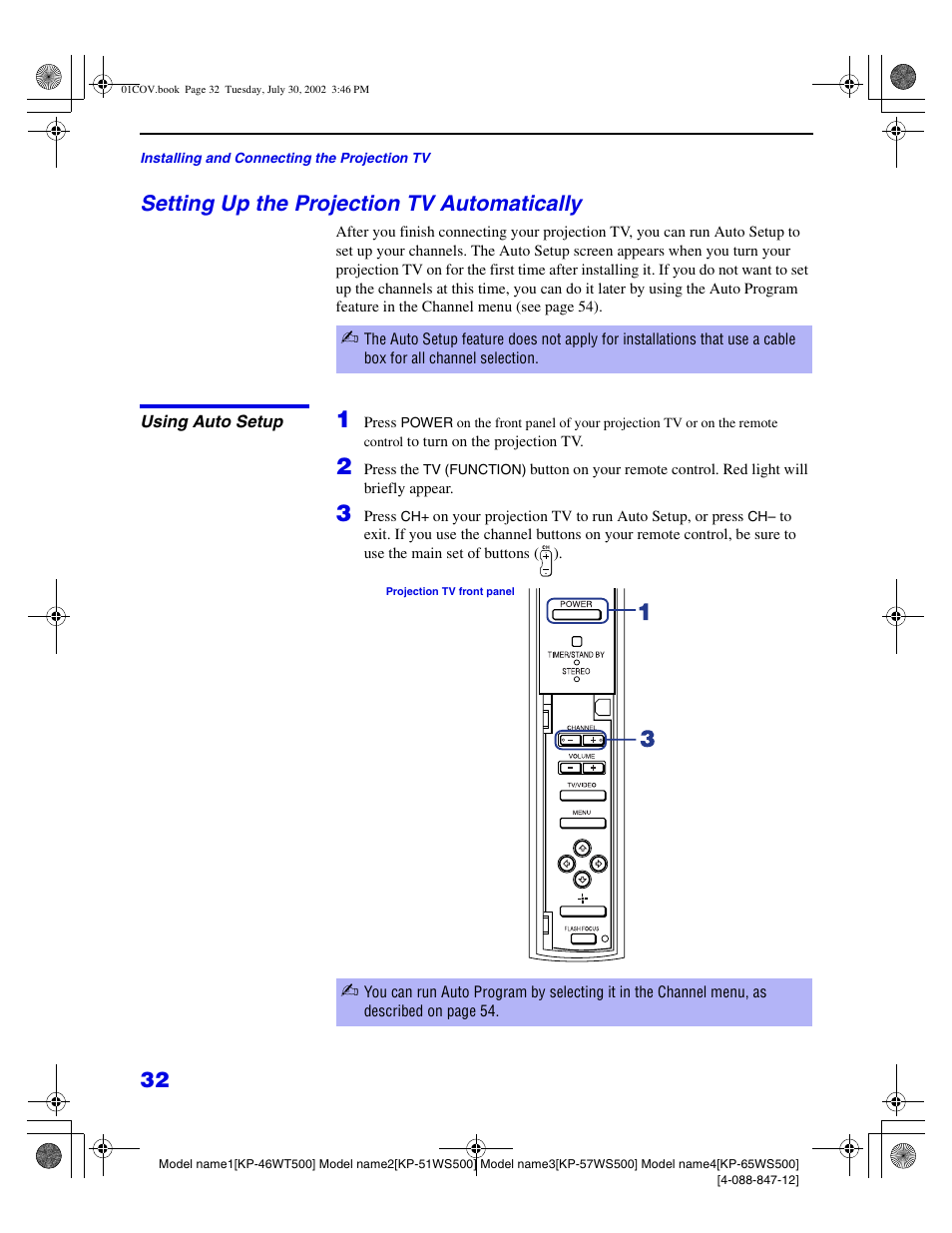 Setting up the projection tv automatically | Sony KP 46WT500 User Manual | Page 32 / 82