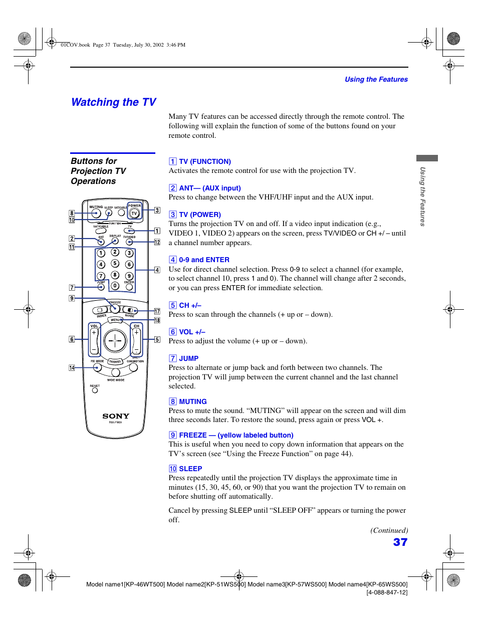 Watching the tv | Sony KP 46WT500 User Manual | Page 37 / 82