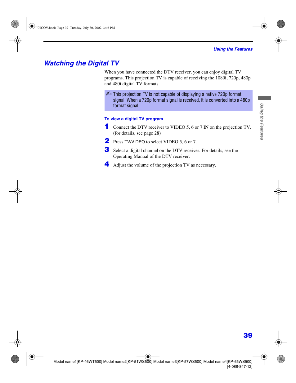 Watching the digital tv | Sony KP 46WT500 User Manual | Page 39 / 82