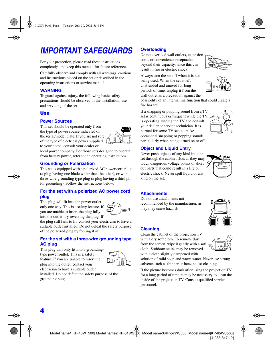 Important safeguards | Sony KP 46WT500 User Manual | Page 4 / 82