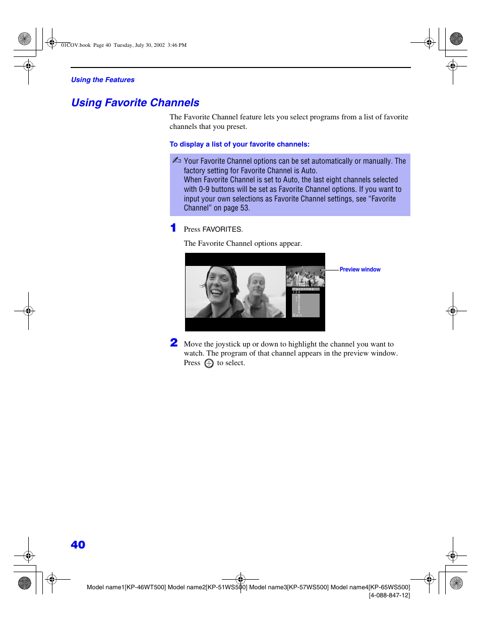 Using favorite channels | Sony KP 46WT500 User Manual | Page 40 / 82