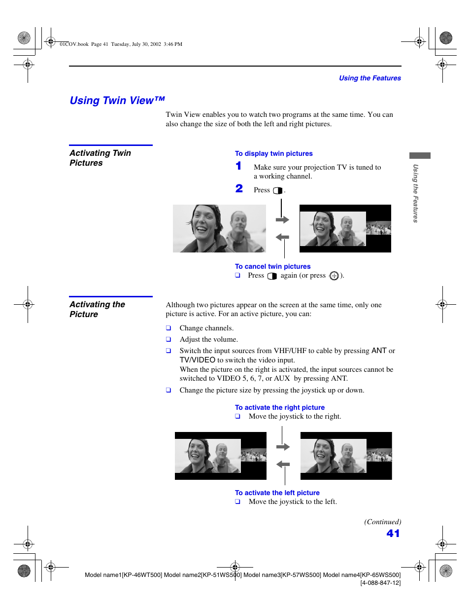 Using twin view | Sony KP 46WT500 User Manual | Page 41 / 82