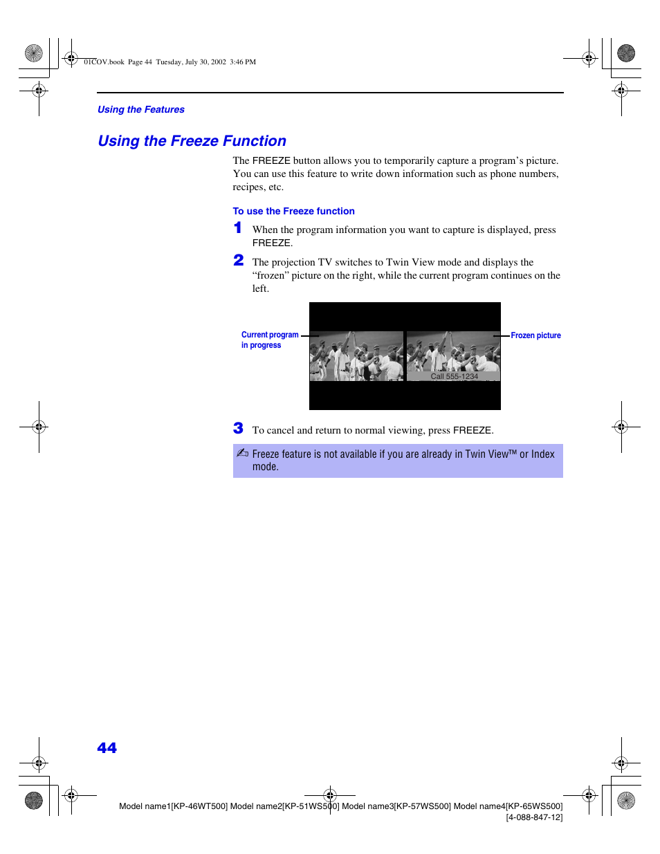 Using the freeze function | Sony KP 46WT500 User Manual | Page 44 / 82