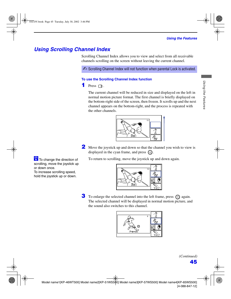 Using scrolling channel index | Sony KP 46WT500 User Manual | Page 45 / 82